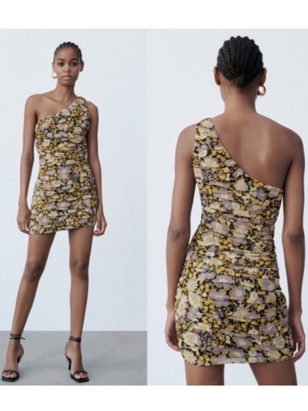 Zara Floral Print Ruched One Shoulder Mini Dress